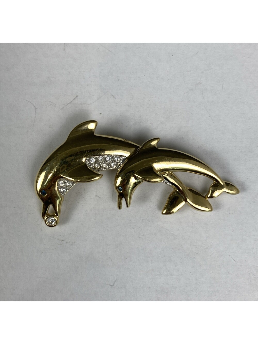 Gold Tone 2 1/4" Long Rhinestone Double Dolphin Pin Brooch w/ "CE" Stamp Vintage